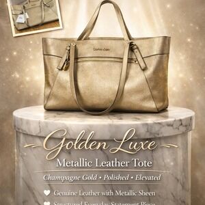 NWT Calvin Klein Metallic Gold Leather Tote Bag MSRP 228